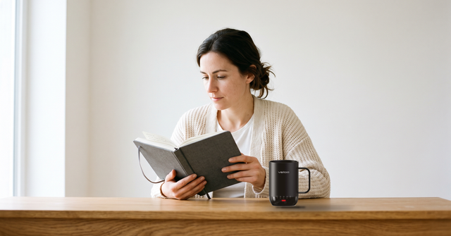 VSITOO S3 Pro self-heating coffee mug within reach of a reader at a home desk