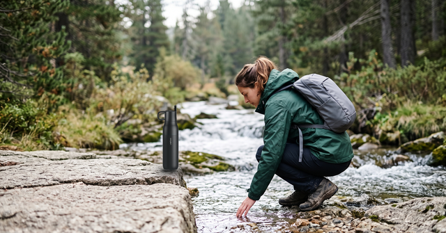 VSITOO S2 filtered water bottle standing on a rock beside a mountain stream