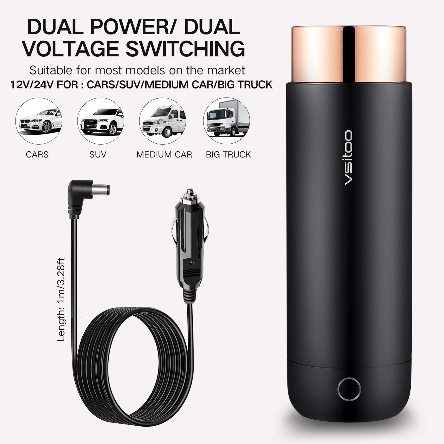 H1 black self heating thermos of Vsitoo, the heated travel mug with 15oz, and suit for cars, suv, medium car or big truck.