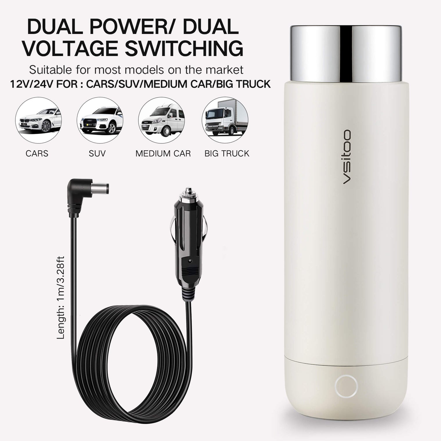 H1 white self heating thermos of Vsitoo, the heated travel mug with 15oz, and suit for cars, suv, medium car or big truck.