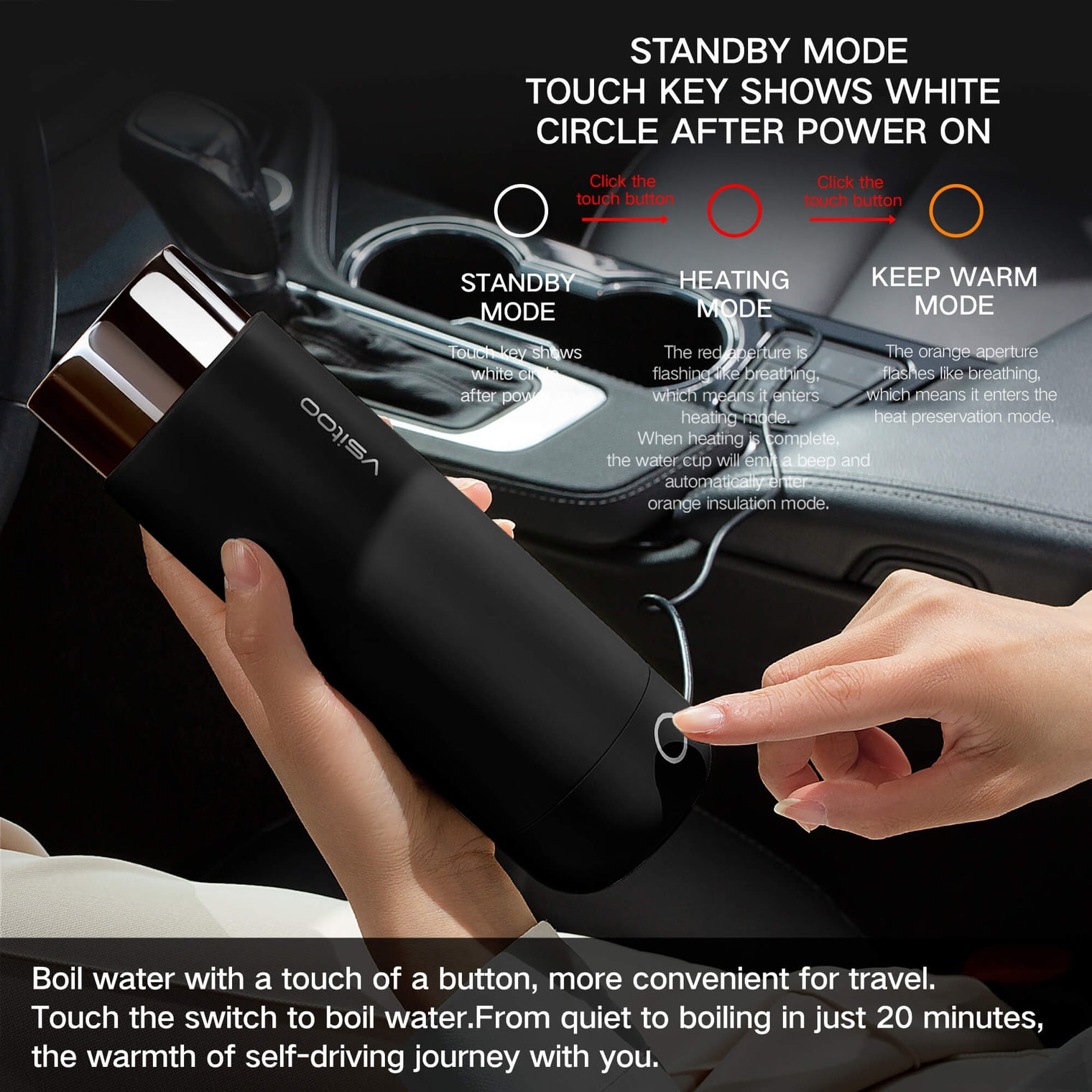 Vsitoo H1 black color, the heated travel mug have three mode, stand by mode, heating mode and keep warm mode.