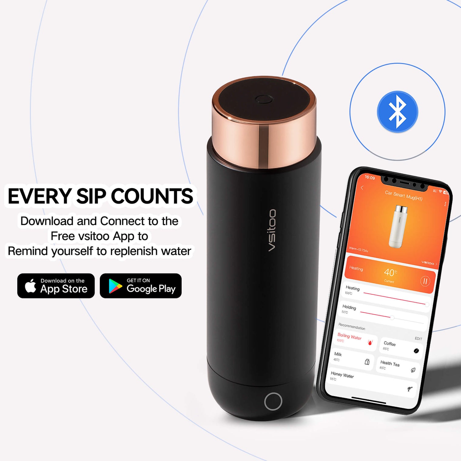Vsitoo H1 black smart mug, heated coffee travel mug with can control by VSITOO APP, download on App Store or Google Play.