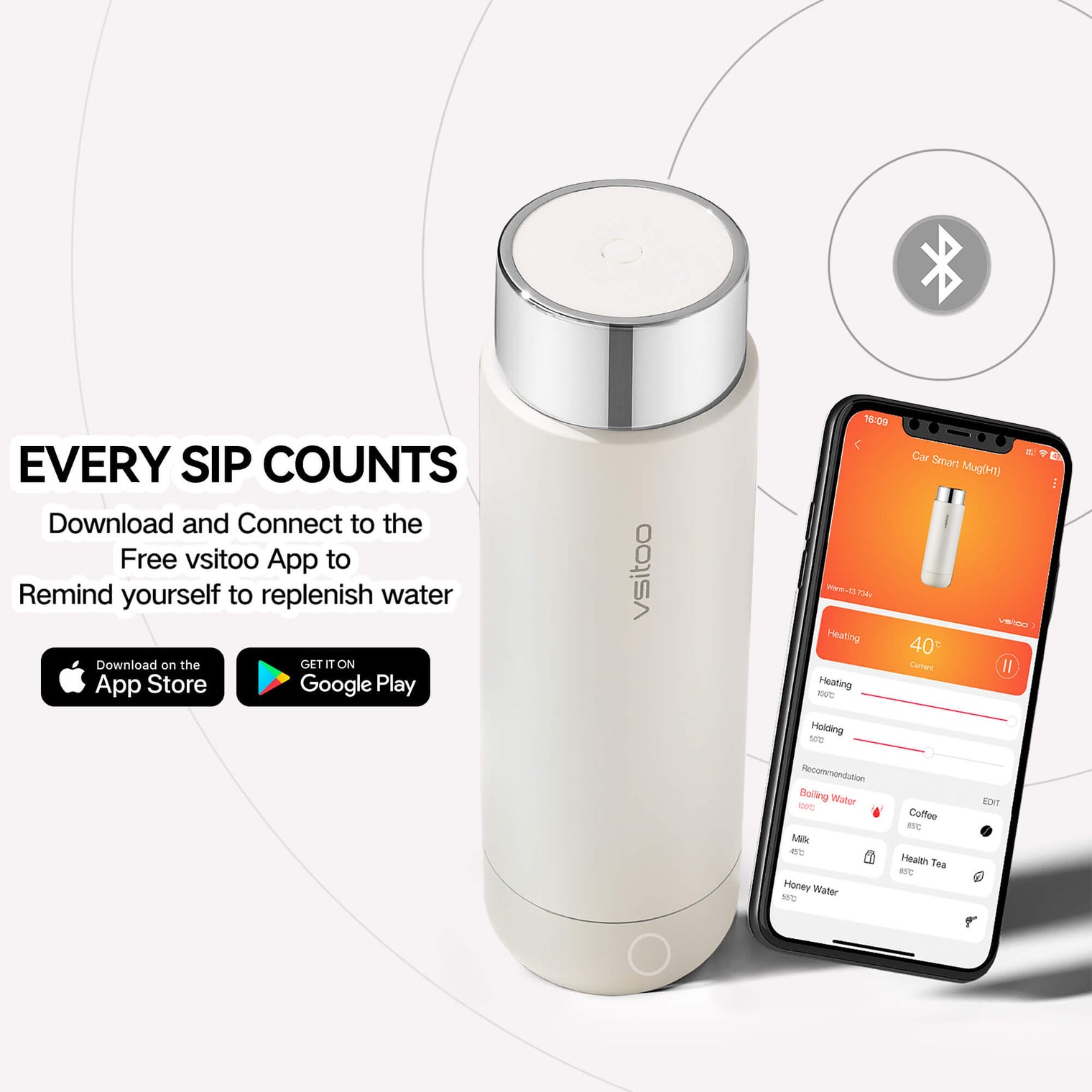 Vsitoo H1 white smart mug, heated coffee travel mug with can control by VSITOO APP, download on App Store or Google Play.