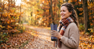 Woman holding a VSITOO S5 heated travel mug outdoors in autumn