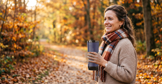 Woman holding a VSITOO S5 heated travel mug outdoors in autumn
