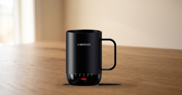 VSITOO S3 Pro self-heating coffee mug product shot on a warm tabletop
