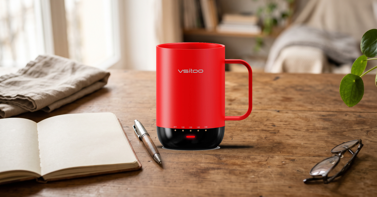 Red VSITOO S3 Pro self-heating coffee mug on a lived-in wooden desk with a notebook and glasses