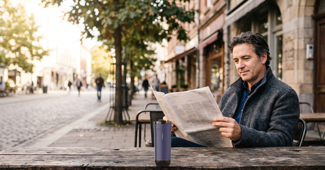 VSITOO S5 heated travel mug on an outdoor cafe table