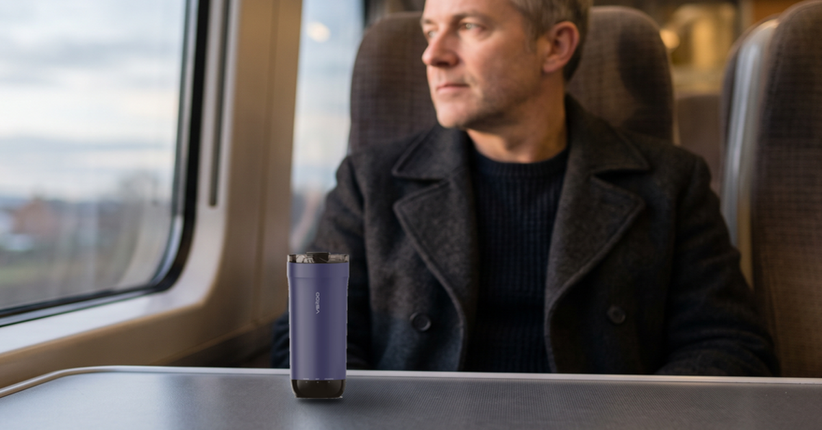 VSITOO S5 heated travel mug on a commuter train tray table