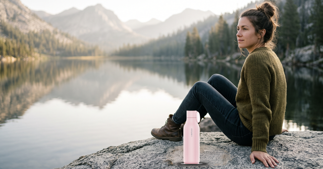 Woman by a mountain lake with a light pink water bottle on the rock