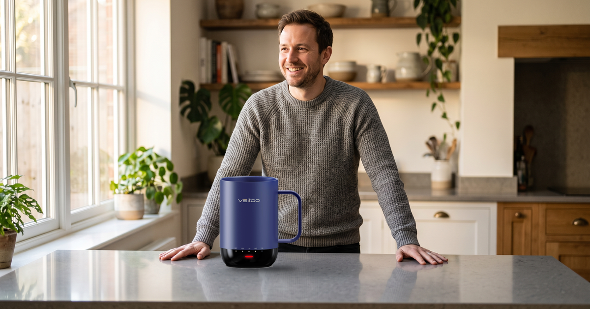 VSITOO S3 Pro self-heating coffee mug on a kitchen counter