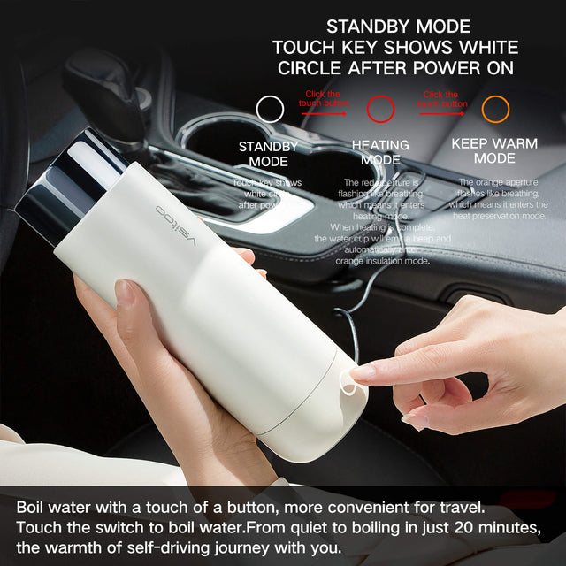 Vsitoo H1 white color, the heated travel mug have three mode, stand by mode, heating mode and keep warm mode.